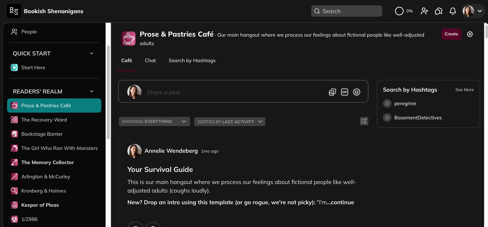 screenshot of Bookish Shenanigans community space