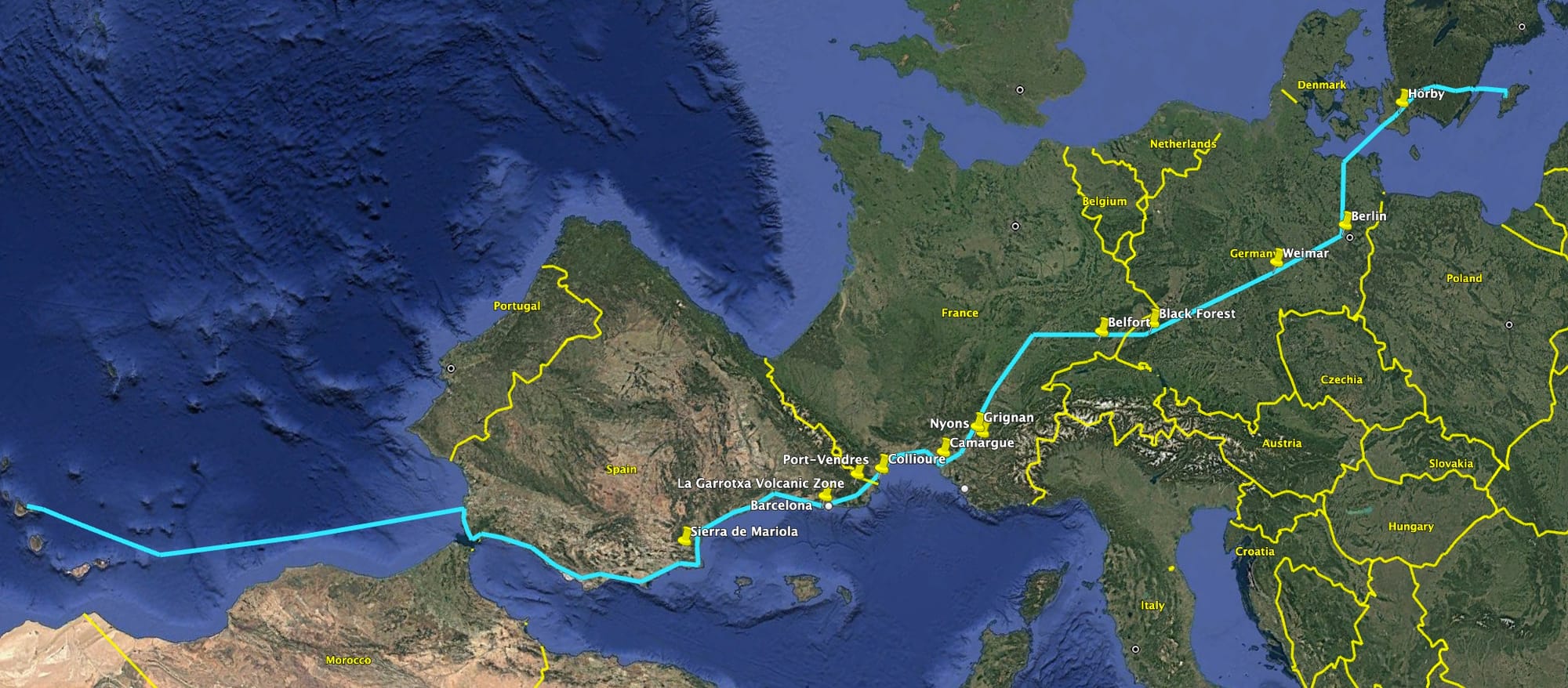 Map of Europe with our preliminary route